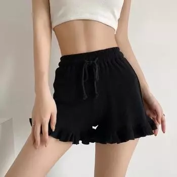 Women s Waffle Knit Shorts Drawstring Elastic Waist Ruffle Shorts Wide Leg Flowy Shorts S серый
