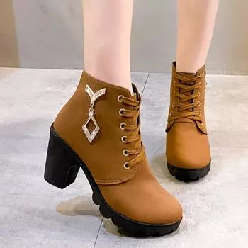 Женские теплые ботильоны 2024 года, новые роскошные модные ботинки на высоком каблуке со стразами, повседневные классические ботинки из искусственной замши на шнуровке 35 чёрный