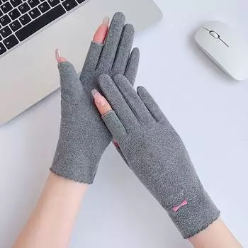Women s Warm Dralon Outdoor Mittens German velvet two fingers (Bows) Gray One size