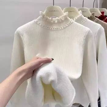 Women s Warm One-piece Fleece Sweater with Added Velvet and Thickened Thickness Wooden Ear Studs and Wool Base Sweater S