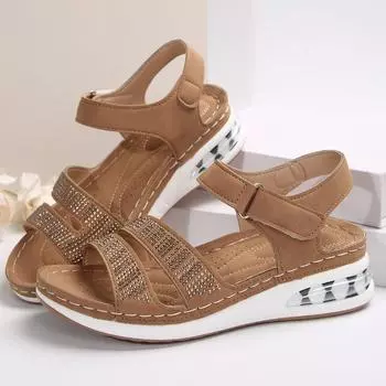 Женские босоножки на танкетке, летняя новинка, с круглым носком, с пайетками, с открытым носком, без застежек, с мягкой подошвой, нескользящей, с автомобильным швом, обувь больших размеров 36 грязно-белый