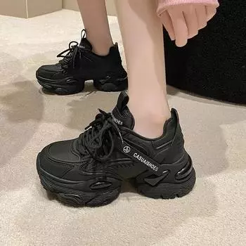 Women s Wedge Tennis Platform Trainers Lace-Up Synthetic Sewing Shoes 2024 New Fashion Leisure Sports Casual Vulcanized Shoes 35 чёрный