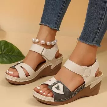 Women s Wedges Sandals 2024 Summer New Fashionable Open Toed Platform Ladies Shoes Soft and Comfortable Retro Roman Sandal 36 бежевый