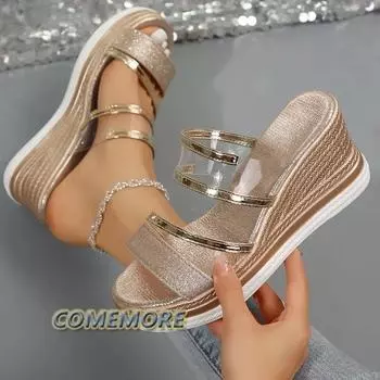 Женские тапочки на танкетке, лето 2024, новые серебристые сандалии с пряжкой, нескользящие тапочки на толстой подошве, пляжные шлепанцы на толстой подошве, женские, ПУ 36 золотой