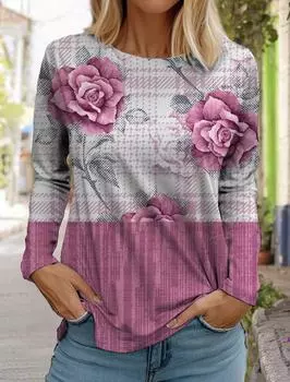 Women s white long-sleeved tops round neck casual tops 3d printed floral plaid stitching print women s long-sleeved T-shirt S