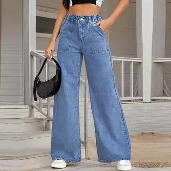 Women s Wide Leg Jeans Casual Highwaist Straight Denim Pants With Pockets L