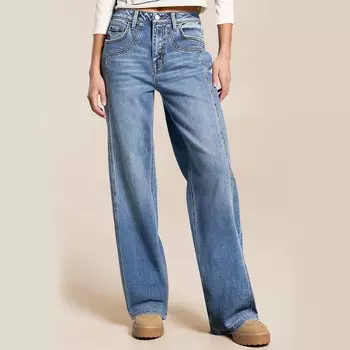 Women s Wide Leg Jeans Casual Highwaist Straight Denim Pants With Pockets L синий