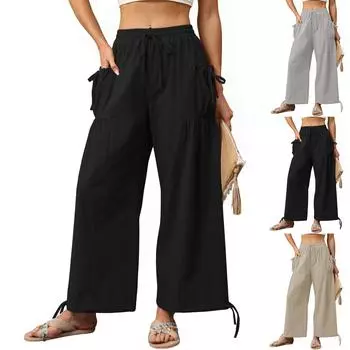 Women s Wide Leg Pants with Pockets High Waist Loose Casual M чёрный