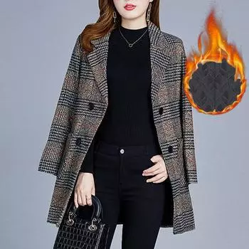 Женская зимняя подкладка с подкладкой, элегантная клетчатая куртка с воротником-стойкой, тонкое длинное твидовое теплое шерстяное пальто 5XL