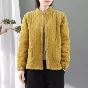 Women s Winter Autumn Corduroy Quilted Cotton Padded Jacket Retro Loose Stand-Collar Diamond Pattern Short Corduroy Cotton Outerwear M