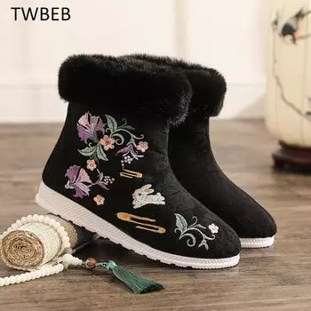 Women s Winter Boots Fashion Ethnic Style Embroidered Short Boots Women Warm Snow Shoes Female Antiquity Dance Flat Boots 35