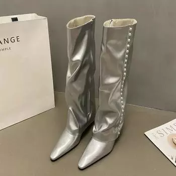 Women s Winter Boots Trend Autumn/Winter New Fashionable Tall Boots with Square Head and Slope Heel Pearl Boots Womens Shoes 35 чёрный