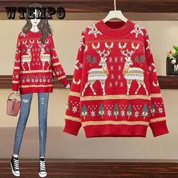 Женский зимний рождественский свитер с изображением лося красного и синего цвета со снежинками, большой размер, свободный, с длинным рукавом, осенний вязаный пуловер XXL красный
