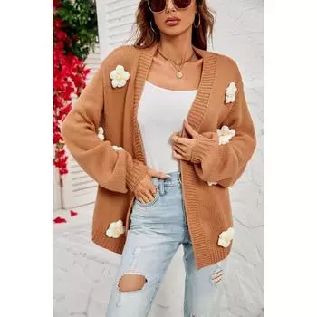 Женская зимняя одежда Цветочный кардиган Фонариковый рукав свитер куртка женская S