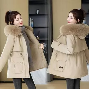 Women s Winter Coat with Large Faux Fur Collar, Solid Color, Long Sleeve, Mid-Length, Elegant Style, Polyester Fabric, with Pockets M чёрный