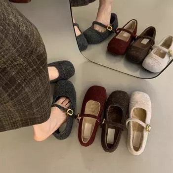 Женская зимняя обувь Мэри Джейн, повседневные нескользящие туфли на плоской подошве с ремешком на щиколотке, офисные туфли на плоской подошве, флисовые туфли Мэри Джейн с квадратным носком для женщин 35 абрикосовый