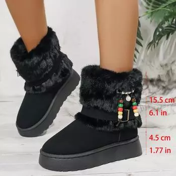 Women s winter fur one plush lining one foot stirrup warm cold lightweight hiking waterproof non-slip fur mouth beaded snow boots cotton shoes 36 чёрный