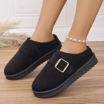 Women s winter fur one plush lining a foot stirrup warm cold lightweight hiking waterproof non-slip soft bottom belt buckle snow boots cotton slippers 36 чёрный