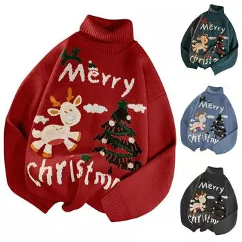 Женский зимний свитер с высоким воротом, рождественский свитер с принтом оленя, топ L красный