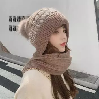 Women s Winter Knitted Hat & Scarf with Rabbit Fur Earmuffs – Warm, Cute, Cold-Proof