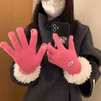 Новые женские зимние перчатки Plush Edge, теплые вязаные перчатки для велоспорта в корейском стиле с пятью разделенными пальцами, сенсорным экраном, ветро- и морозостойкие M