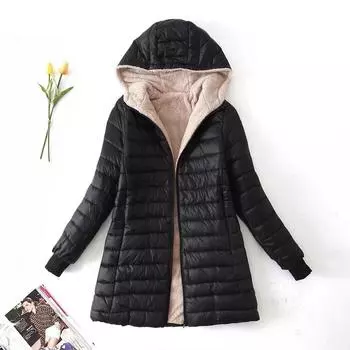 Women s Winter Plus Size Mid-length Version Loose Padded Thickened Cardigan Jacket Warm Hooded Tops 3XL