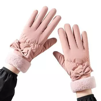 Women s Winter Ski Gloves with Bow Cute Velvet Thickened Windproof and Coldproof Outdoor Cycling Touch Screen Gloves