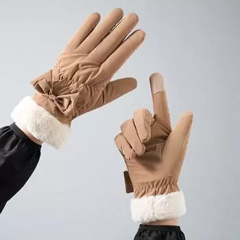 Women s Winter Skiing Gloves with Cute Bows Thickened Fleece Windproof and Cold-proof Outdoor Cycling Touch Screen Gloves