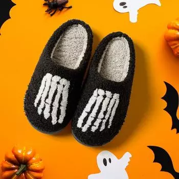 Женские зимние тапочки с черепами на Хэллоуин, милые мультяшные тапочки для дома, теплые, удобные, мягкие, нескользящие, модные, плюшевые туфли 37-38