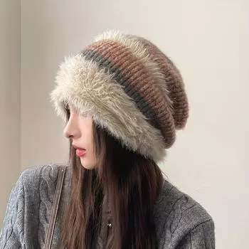 Women s Winter Thick Knitted Hat -100% Knitted Plush Lined Elastic Hat, Lightweight and Warm, Daily Wear No brimmed Hat серый