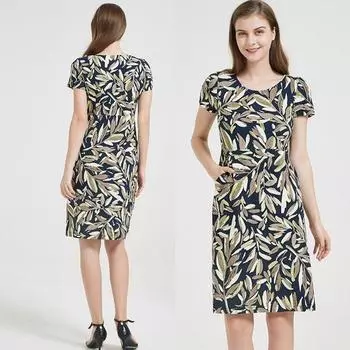 Women s Wood Tencel European and American Leisure Short Sleeve Dress Dark blue background green leaf flower 1XL