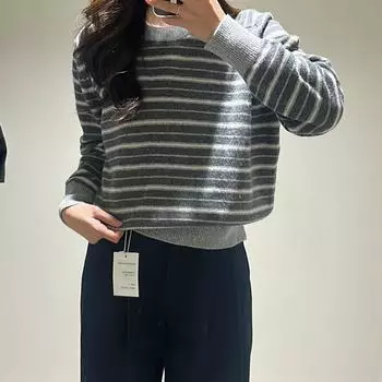 Women s Wool Contrast Stripe Sweater - Round Neck, Loose Fit, Age-Reducing, Autumn/Winter Knitted Top Medium синий