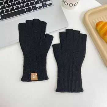 Women s Wool Knitted Student Writing Ins Half Finger Gloves Black half finger One size