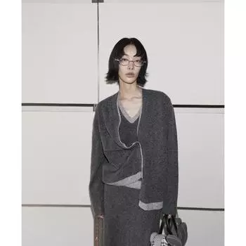 Женский шерстяной свитер осень-зима в студенческом стиле серый вязаный кардиган куртка One size