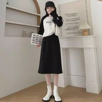 Women s Woolen A-Line Skirt - Autumn/Winter, Split, High Waist, Elastic Waistband for Slim Fit 4XL темный кофе