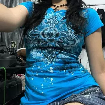 Women s Y2k Grunge T-Shirts 2000s Vinage Rhinestone Print Heart Rose T-Shirt Aesthetics Harajuku Round Neck Tops street fashion S