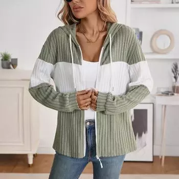 Women s Zippered Cardigan Splicing Casual Long Sleeve Striped Colorblock Top Jacket M