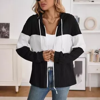 Women s Zippered Cardigan Splicing Casual Long Sleeve Striped Colorblock Top Jacket L чёрный