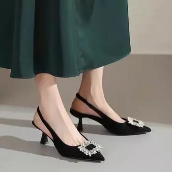 Women Sandal Fashion New Luxury Rhinestone Brand Design Slingback High Heels Elegant Pointed Toe Solid Color Sexy Baotou Sandals 35 чёрный