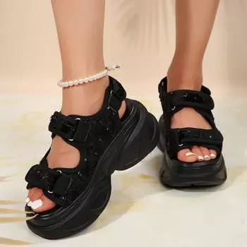 Женские сандалии 2024 года, новые модные сандалии с подошвой из цельной сосны, клейкие сандалии на толстой подошве для женщин Zapatos De Mujer 36 чёрный