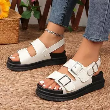 Women Sandals 2024 New Summer British Style Rome Shoes Comfy Soft Leather Metal Buckle Casual Slippers Flat Platform Sandals 35 бежевый