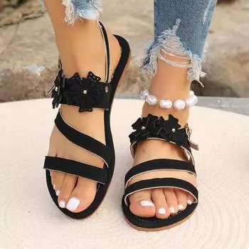 Women Sandals 2024 New Summer Fashion Casual Comfortable Shoes for Women Flats Shoes Low Heels Open Toe Solid Color Sandals 36 чёрный