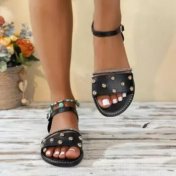 Women Sandals 2024 Summer New Women Flat Bottom Roman Strap Sandals with Non Slip Rubber Soles Fashion Shoes Gladiator Sandals 36 чёрный
