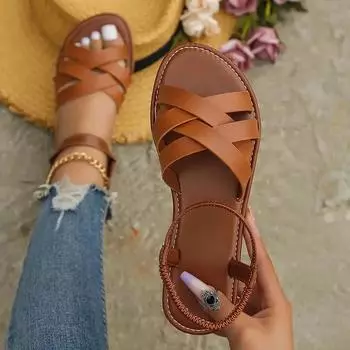 Women Sandals 2025 New Summer Flat Bottom Shoes for Women Roman Strap Non Slip Rubber Soles Fashion Ladies Daily Sandals Women 36