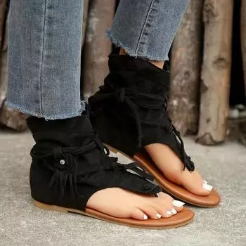 Women Sandals 2025 New Summer Flip Flop Solid Flock Beach Casual Sandals Women Fringe Flower Wedges Shoes Sandalias De Mujer 36