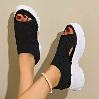 Women Sandals 2025 Summer New Fish-mouth Knitted Shoes Women High Heel Flying Weave Slope Heel Thick Sole Sports Women Sandals 35