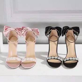 Женские босоножки с бантом и жемчужинами, с круглым открытым носком, с ремешком на щиколотке, на тонком высоком каблуке, элегантные туфли для вечеринок и банкетов 35