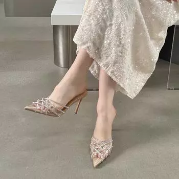 Женские босоножки с кристаллами, прозрачные, с острым носком, туфли на тонком высоком каблуке, мюли, сексуальные туфли для ночного клуба 35