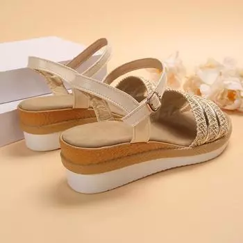 Women Sandals Fashion Cloth Clasp Open Toe Thick Sole Wedges High Heels Sandals 2025 Classic Leisure Sandalias Shoes for Women 36