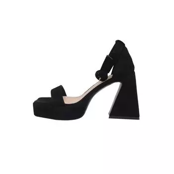 Women Sandals Genuine Leather Shoes Ankle Strap Round Toe Thick Heels Sandals Buckle Strap Lady Footwear Summer Beige 34 чёрный